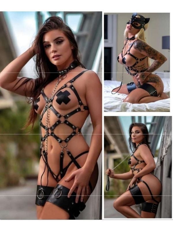 CENSAN Siyah Boyunluk ve Tasma Detaylı Özel Bacak Tasarımlı Seksi Bodysuit
