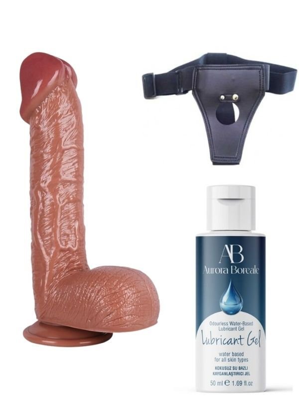 Censan Belden Bağlamalı Kayganlaştırıcı Set Noctis 34cm Kahverengi Dildo No:72
